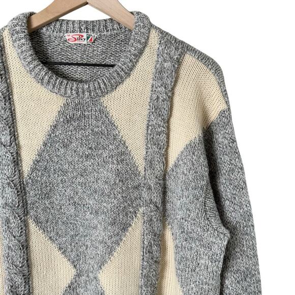 Vintage Silvy Tricot Italian Wool Chunky Knit Crewneck Sweater in Gray Cream, XL - Picture 4 of 9